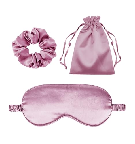 3Pcs Satin Eye Mask Silk Sleep Masks Set Silky Blindfold Eyeshade Blackout Eyes Cover Pouches Bag Scrunchy Wedding Gift - color: Mauve