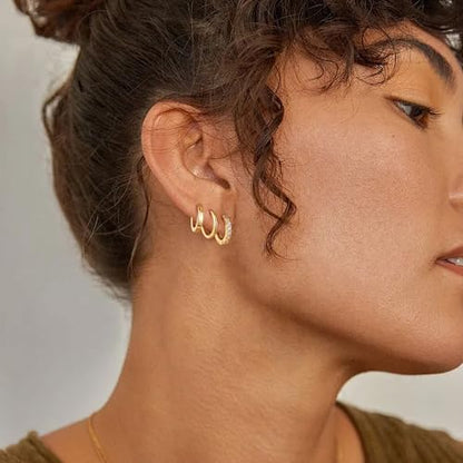 micuco 3 Pairs Small Gold Hoop Huggie Earrings Set for Women Men Tendy | 14K Gold Plated Small Huggie Hoop Earrings for Men, Tiny Cartilage Hypoallergenic Earring Set - style: O# 3 Pairs Gold 8-8-8mm