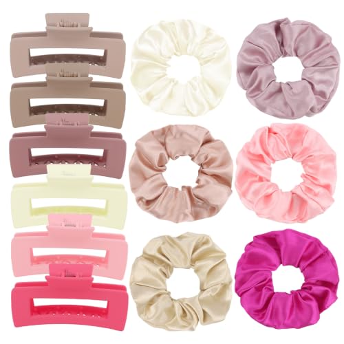 12Pcs Hair Clips & Satin Hair Scrunchies Set for Women, Colorful | 6 Medium Matte Non-Slip Claw Clips for Thin Thick Curly Hair, 6 Soft Satin Scrunchies, Hair Accessories for Women Daily Wear - color: Colorful Mixed Set-B