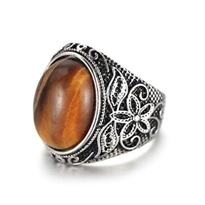 Retro Unisex Stainless Steel Oval Gemstone Hollow Flower Carved Signet Ring - color: Silver-Brown