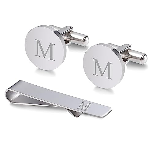 WIGERLON Initial Cufflinks and Tie Clip Set for Men,Stainless steel Letter Cuff Links and Tie Bar Set gift for Father Husband Son Boyfriend - style: M-Silver