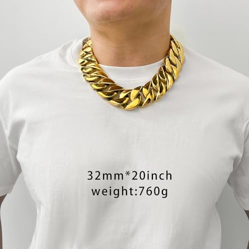 SDA Wide Chunky Gold Chain Necklace - Heavy and Waterproof 316L Surgical Steel with 18K Gold Plating for Modern Men and Women into Hip Hop Fashion - color: B476-32mm-Gold