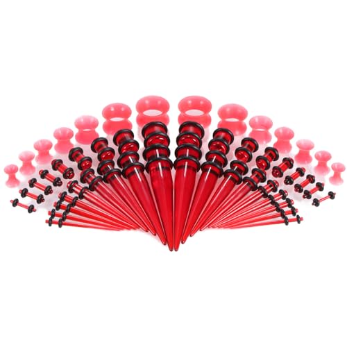 50Pcs Ear Stretching Kit 14G-00G: Acrylic Tapers Plugs Silicone Tunnels Hypoallergenic Gauges Expander Set Body Piercing Jewelry for Men Women - color: Red