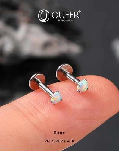 OUFER 2PCS 16G/20G Nose Lip Studs, G23 Solid Titanium Threadless Push in Nose Nostril Lip Labret Medusa Monroe Helix Cartilage Tragus Conch Lobe Piercing Jewelry for Women Men - color: Silver bar, Claw Opal, size: 2pcs, 16g 6mm, 2.5mm Opal