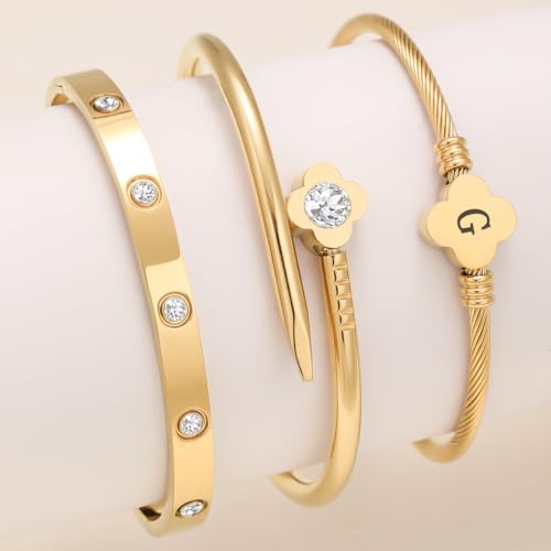 14K Gold Plated Personalized Flower Bracelet Set with Initial Charm Trendy Stackable Jewelry for Women - style: style1 G