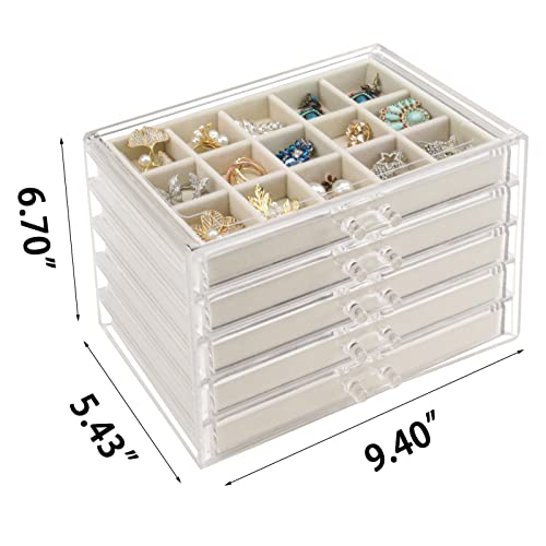 Acrylic Jewelry Box 5 Drawers Clear Earring Storage Organizer Display Case - color: Beige 5 Layers