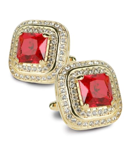 Square Colored Crystal Double Diamond Set Cufflinks - color: Deep Red/Gold