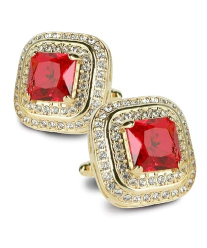Square Colored Crystal Double Diamond Set Cufflinks - color: Deep Red/Gold