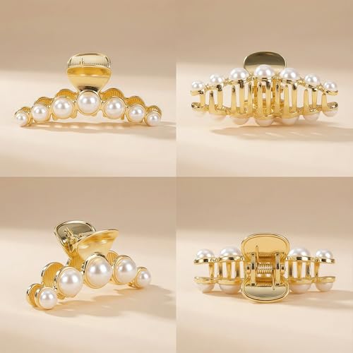 Metal Hair Clips for Women,Strong Hold Large Pearl Claw Clips, Big Non-Slip Hair Catch Barrette Jaw Clamp,Fashion Gold Hair Styling Accessories Valentine's/Mother's Day Gift for Girl Wife(3 PACK)