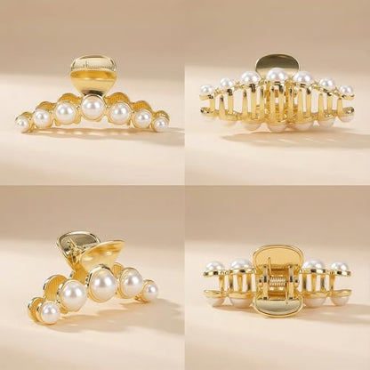 Metal Hair Clips for Women,Strong Hold Large Pearl Claw Clips, Big Non-Slip Hair Catch Barrette Jaw Clamp,Fashion Gold Hair Styling Accessories Valentine's/Mother's Day Gift for Girl Wife(3 PACK)