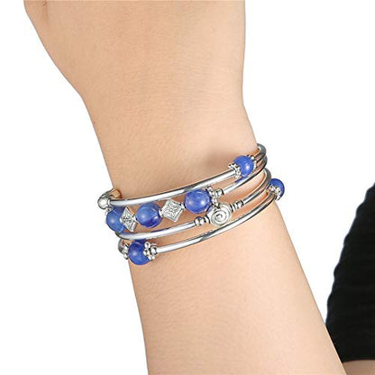 Beaded Pearl Bangle Wrap Bracelet - Fashion Bohemian Jewelry Multilayer Charm Bracelet with Thick Silver Metal Beads, Gift For Women - color: Blue