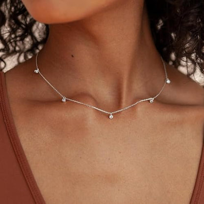 Dainty Silver Gold Necklaces for Women Cute Station Choker Simulated Diamond Necklace Simple Layering CZ Necklace Trendy Jewelry Gifts - color: Silver, style: 5pcs Hanging CZ-Cable Chain