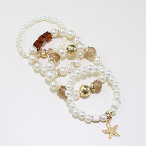 Bohemian Pearl Bracelet Set, 4 Piece Elastic Stretch Beaded Wrist Chain with Starfish Pendant, Boho Faux Pearl Multi-Color Stackable Bracelets for Women - color: Brown