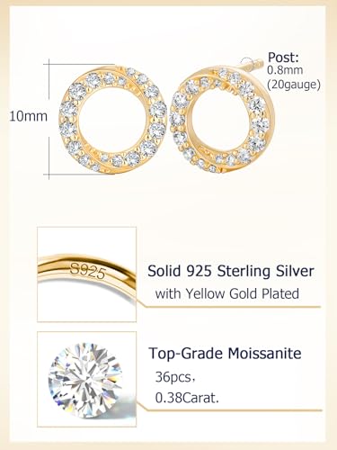 All Moissanites Sparkly Geometric Stud Earrings for Women, Solid 925 Sterling Silver with Rhodium/Gold Plated Hypoallergenic, Lightweight Comfy Earrings - color: Circle - Yellow Gold