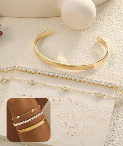 ZOERAY Silver Gold Bangle Bracelets for Women Non Tarnish 14k Gold Plated Stackable Cuff Bracelets for Women Trendy Cubic Zirconia Stainless Steel Chunky Bracelet Stack Set Waterproof Jewelry Gifts - color: D.Cubic Zirconia-Gold