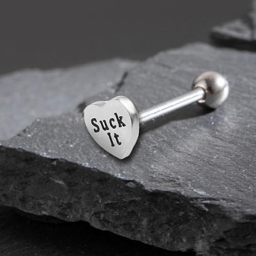 14G Heart Tongue Rings for Women Men Stainless Steel Letter Suck It Naughty Words Love Heart Straight Barbells Tongue Rings Piercing Jewelry