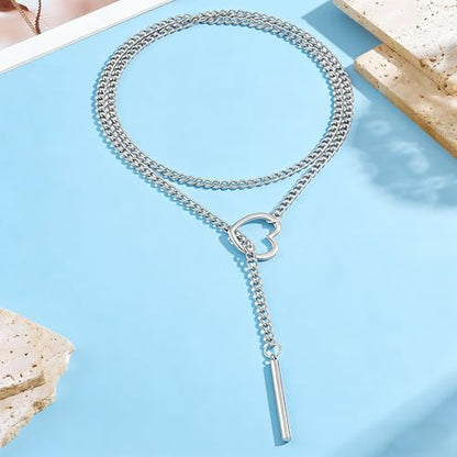 Slip Chain Necklace for Women Gothic Stainless Steel Bar Pendant Cuban Link Necklaces Adjustable Goth O Ring Long Necklaces Punk Rock Collar Choker Trendy Lariat Y Necklace - color: Long silver bar