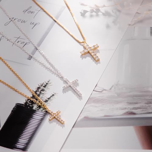 Poxtex Cross Necklace for Women Teen Girls, Dainty 14K Gold Silver Plated Cross Choker Jewelry Non Tarnish Waterproof Cute Simple Small Necklace Christian Baptism Religious Faith Jewelry Gifts - color: 04 Simple Cross CZ