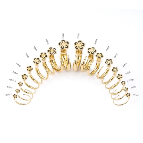 TBOSEN 18PCS Stainless Steel Stretching Kit Taper Bend Expander O-Ring Round | Flower | Heart | Cat Top Body Piercing Jewelry Set - color: Flower Top,Gold