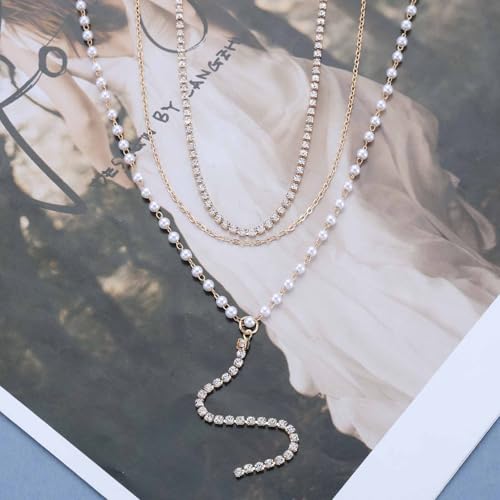 Vintage Layered Pearl Rhinestone Lariat Necklace Long Rhinestone Y Drop Necklace Gold Pearl Chain Necklace Sparkly Cz Tennis Necklace Jewelry for Women
