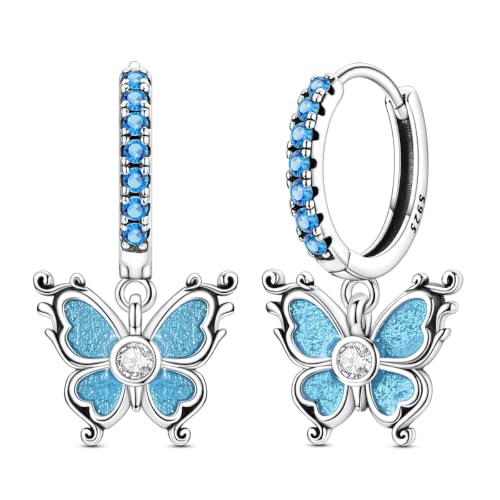 925 Sterling Silver Dangle Whale Shark Butterfly Bow Earrings for Women | Hypoallergenic Huggie Hoop Drop Cross Earrings for Sensitive Ears, Cubic Zirconia Statement Trendy Jewelry Birthday Gifts - color: Blue Sparkling Butterfly