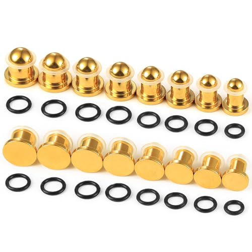 Casvort 22 PCS/16 PCS Hypoallergenic 18G-1'' Comfy Dead Stretching Plugs in 0.5mm Increments Saddle Plugs with Rubber Rings 316 Surgical Stainless Steel Crazy Ear Gauges Body Piercing Jewelry - color: Gold 6.5-10mm 16 PCS