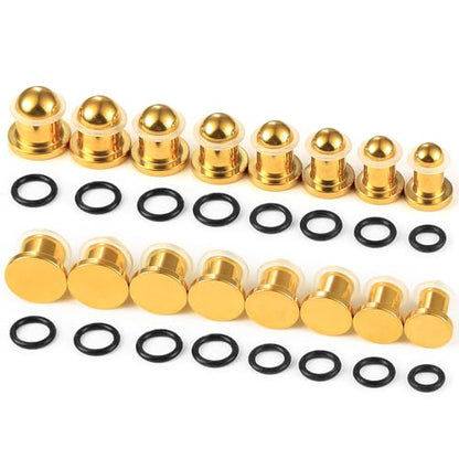 Casvort 22 PCS/16 PCS Hypoallergenic 18G-1'' Comfy Dead Stretching Plugs in 0.5mm Increments Saddle Plugs with Rubber Rings 316 Surgical Stainless Steel Crazy Ear Gauges Body Piercing Jewelry - color: Gold 6.5-10mm 16 PCS