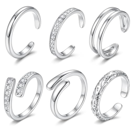 Besteel 6 PCS Toe Rings for Women - 14K Gold Filled Non Tarnish Waterproof | Adjustable Silver Toe Ring Simple Open Band Hug CZ Chunky Flower Toe Rings Set Trendy Summer Beach Foot Jewelry for Women - style: Silver: hug&cz toe ring