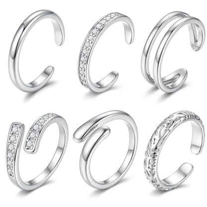 Besteel 6 PCS Toe Rings for Women - 14K Gold Filled Non Tarnish Waterproof | Adjustable Silver Toe Ring Simple Open Band Hug CZ Chunky Flower Toe Rings Set Trendy Summer Beach Foot Jewelry for Women - style: Silver: hug&cz toe ring