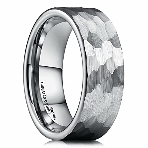 King Will Hammered 8mm Silver Tungsten Ring Hammer Men Wedding Band Comfort Fit - color: A-silver
