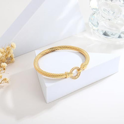 WOWORAMA Twisted Cable Wire Bracelets Two Tone Bangle Bracelet for Women | Stainless Steel, Unisex Gold Silver Bracelet, Mixed Metal Chunky Bangles Jewelry - color: Gold Circle
