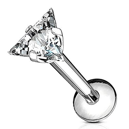 Forbidden Body Jewelry 16g Internally Threaded Surgical Steel Triangle CZ Labret Stud (Pick Color/Length) - color: Silver - 5/16" (8mm)