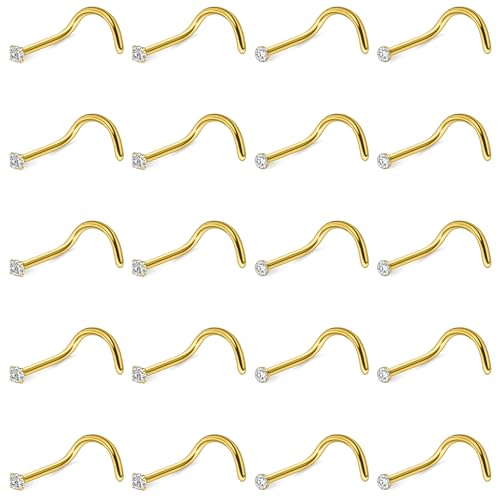 Hoeudjo Nose Studs Surgical Steel Cubic Zirconia Nose Rings Kit for Women Men Tiny Nose Stud Screw & Bone & L Shaped Nostril Piercing Jewelry 24-18 Gauge 20 Pieces Set - color: gold-tone,screw nose studs, size: 22g/1.5mm clear CZ