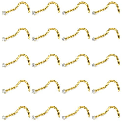 Hoeudjo Nose Studs Surgical Steel Cubic Zirconia Nose Rings Kit for Women Men Tiny Nose Stud Screw & Bone & L Shaped Nostril Piercing Jewelry 24-18 Gauge 20 Pieces Set - color: gold-tone,screw nose studs, size: 22g/1.5mm clear CZ