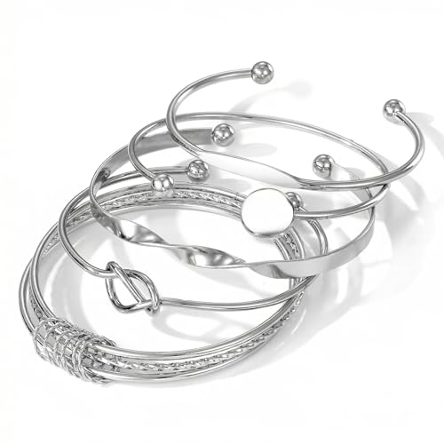 Rrdaily 14k Gold Plated Bangle Bracelet Set for Women,Silver Stackable Multi-Layer Circle Charm Bracelet,Trendy Simple Layered Non Tarnish Cuff Bracelet - color: Silver