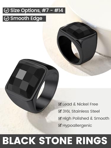 KeyStyle Square Gemstone Signet Rings for Men, Personalized Stainless Steel Pinky Ring with Black Onxy Blue Topaz Birthstone Statement Ring - color: Black -Black Onyx - 15mm