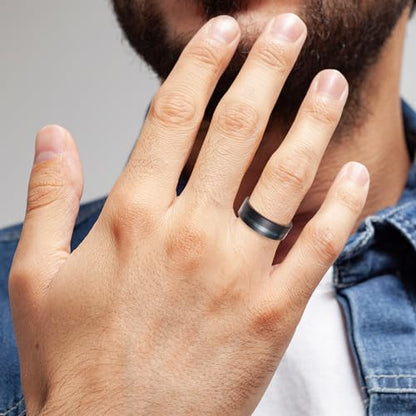 King Will Tungsten Rings for Men with Galaxy Shell Sand Meteorite Inlay | Black, 8mm, Brushed, Pipe Cut, Shell inlay, Everyday Wear - color: Blue Green