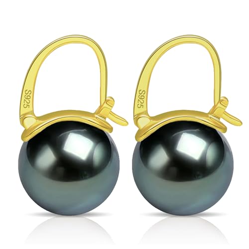 HUGE TOMATO Elegant 925 Sterling Silver Pearl Drop Earrings for Women, 14K Gold Plated Dangle Stud Earrings, Hypoallergenic Large Pearl Hoop Earring dangling 12mm - color: Black Green