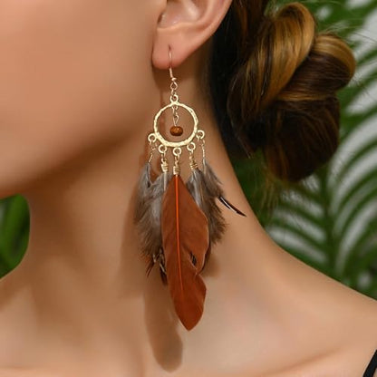 Feather Earrings for Women Boho Jewelry Peacock Feather Long Brown Light weight Western Earrings - color: A1:brown feather earrings