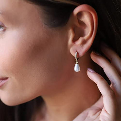 CERSLIMO Pearl Drop Earrings for Women | S925 Sterling Silver Post Simulated Shell Pearl Hoop Dangle Earrings, Hypoallergenic Cubic Zirconia Huggies Earrings Bridesmaid Jewelry - style: 02 Gold-Teardrop