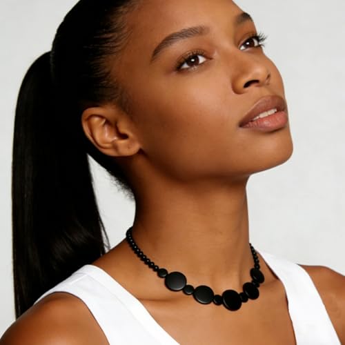 ONLYJUMP Colorful Ethnic Wooden Jewelry Set for Women Round Statement Dangle Earrings Multilayered Geometric Beaded Bracelet Necklace Exaggerated Tribal Style Jewelry - color: Black