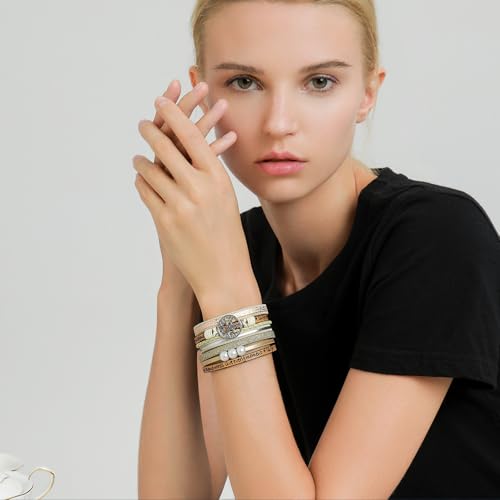 Desimtion Inspirational Tree of Life Boho Leather Wrap Bangle Bracelets for Women, Teen Girl Gifts Trendy Stuff, Fashion Accessories Jewelry Gifts for Women Girls - color: Beige