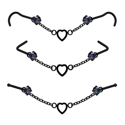 Nose Ring Chain Across Nose Black Stainless Steel Nostril Nose Piercing Chain with Cubic Zirconia Nose Screw Bone L-Shaped Ring for Women Body Piercing Nostril Jewelry with Bridge Chain - color: Black-Single Heart Nose Chain Studs