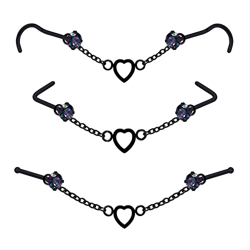Nose Ring Chain Across Nose Black Stainless Steel Nostril Nose Piercing Chain with Cubic Zirconia Nose Screw Bone L-Shaped Ring for Women Body Piercing Nostril Jewelry with Bridge Chain - color: Black-Single Heart Nose Chain Studs