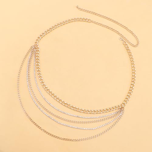 Chunky Gold Waist Chain for Women Rhinestone Layered Belly Belt Chains Beach Waist Chain Waterproof Cuban Body Chain Adjustable Bikini Body Jewelry Summer Beach Accessories Jewelry Gift - color: Gold