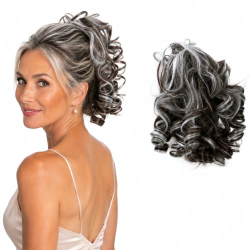 CAISHA Jumbo Hairpiece Scrunchy Updo Voluminous Curly Messy Bun Chocolate Brown With Gray Highlights G29L - color: chocolate brown with gray highlights #4HGRAY G29L
