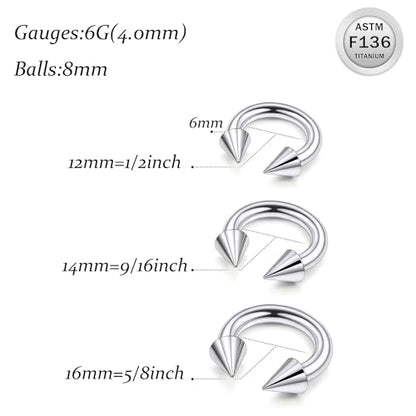 Ruifan 20G 18G 16G 14G 12G 8G 6G 4G 2G Horseshoe Nose Ring Titanium Septum Rings Piercing Jewelry Internally Threaded Gauges Cartilage Conch Helix Rook Lip Tragus Earring Hoop Eyebrow For Women Men - size: Spike: 6G - 12MM