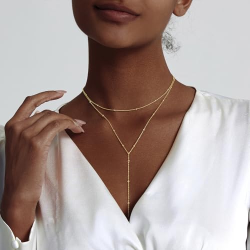 Luxval Lariat Gold Necklace for Women, Dainty Long Necklace 14k Gold Plated/Silver Y-Shaped Pendant Necklaces Trendy Beaded Chain Drop Necklaces Jewelry for Women Gifts - color: Gold-Y Satellite