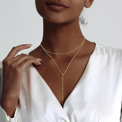 Luxval Lariat Gold Necklace for Women, Dainty Long Necklace 14k Gold Plated/Silver Y-Shaped Pendant Necklaces Trendy Beaded Chain Drop Necklaces Jewelry for Women Gifts - color: Gold-Y Satellite