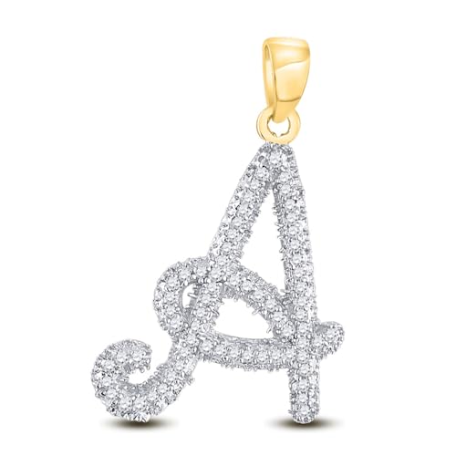 Solid 10K White Gold Real Natural Diamond Womens Cursive A-Z Initial Letter Pendant Charm for Necklaces 1/6 Carat (.15 Cttw) - style: A - 10K Yellow Gold